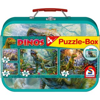 Schmidt Puzzle-Box 56495 - Dinosaurier 2x60, 2x100 Teile im Metallkoffer