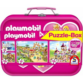 Schmidt Puzzle-Box 56498 - Playmobil 2x60, 2x100 Teile im Metallkoffer