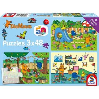 Schmidt Spiele 56394 Puzzle 3 x 48 Teile | Die Maus | Ein Tag mit der Maus